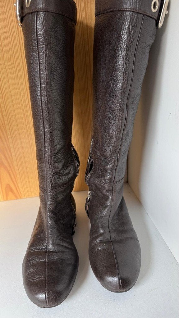 Bottes en cuir authentiques à hauteur genoux — Taille 38,5, Miu Miu, Enlèvement ou Envoi, Comme neuf, Brun
