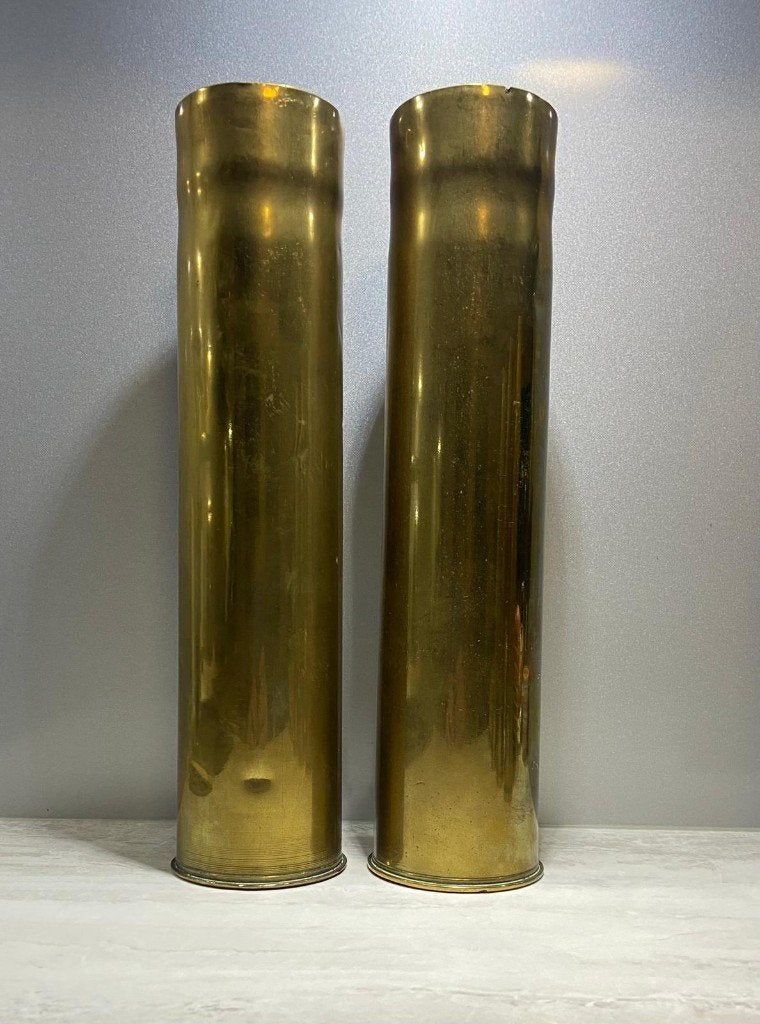 Twee WOI hulzen 75mm (1916 & zeldzame Amerikaanse NYAB 1917), Ophalen, Landmacht, Hulzen of Bodemvondsten