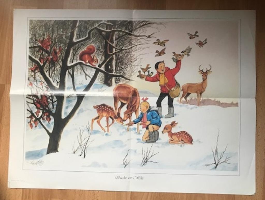AFFICHE BOB ET BOBETTE AVEC CERF DANS LA NEIGE - VANDERSTEEN, Enlèvement ou Envoi, Bob et Bobette, Utilisé, Image, Affiche ou Autocollant