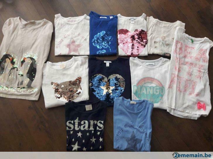 T shirts LM 9/10ans- 2 du bas+ pingouins+fleur bleu vendu, Ophalen, Gebruikt, Meisje, Shirt of Longsleeve