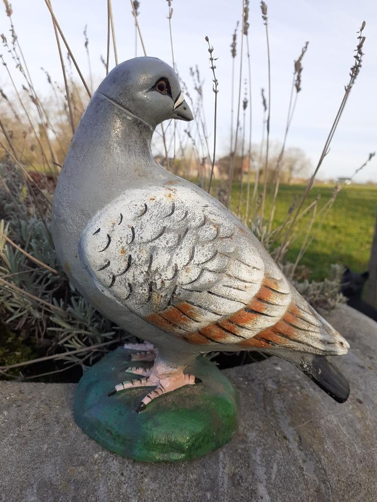POLYCHROME GIETIJZEREN DUIF (kop naar achteren)., Tuin en Terras, Ophalen of Verzenden, Zo goed als nieuw, Overige materialen