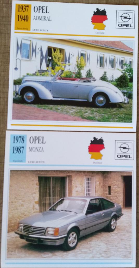 2 verzamelkaarten: automerk Opel - Luxe auto's, Ophalen of Verzenden, Zo goed als nieuw, Auto's