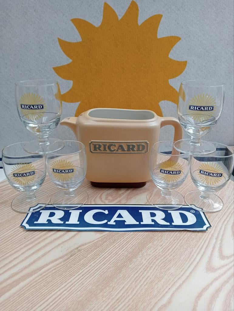 Ricard glazen met zonnestralen 6 st en waterkan bruin 1l, Ophalen of Verzenden, Nieuw, Waterglas