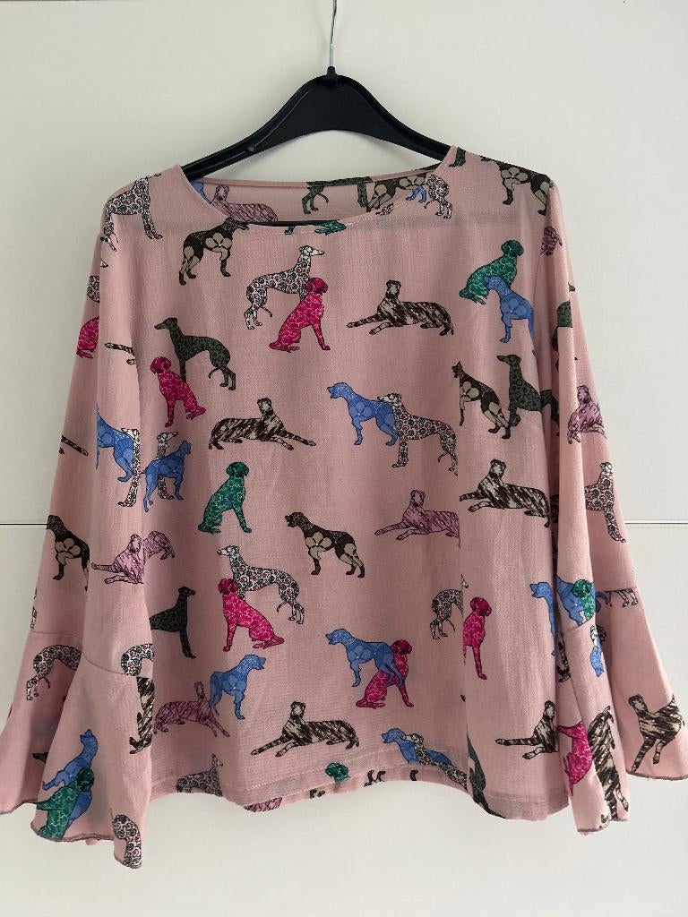 Roze blouse met honden, Ophalen of Verzenden, Zo goed als nieuw, Maat 42/44 (L), Roze