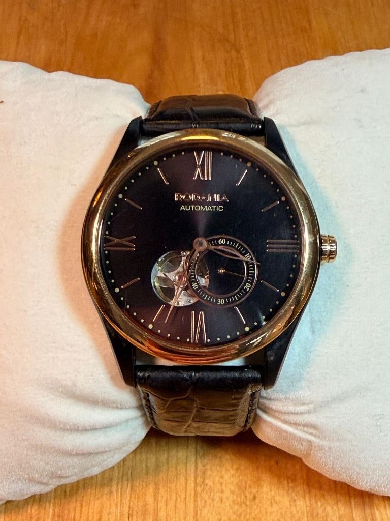 Montre automatique Rodania - PVD noir & or rose – Full set, Montre-bracelet, Autres marques, Enlèvement ou Envoi, Cuir