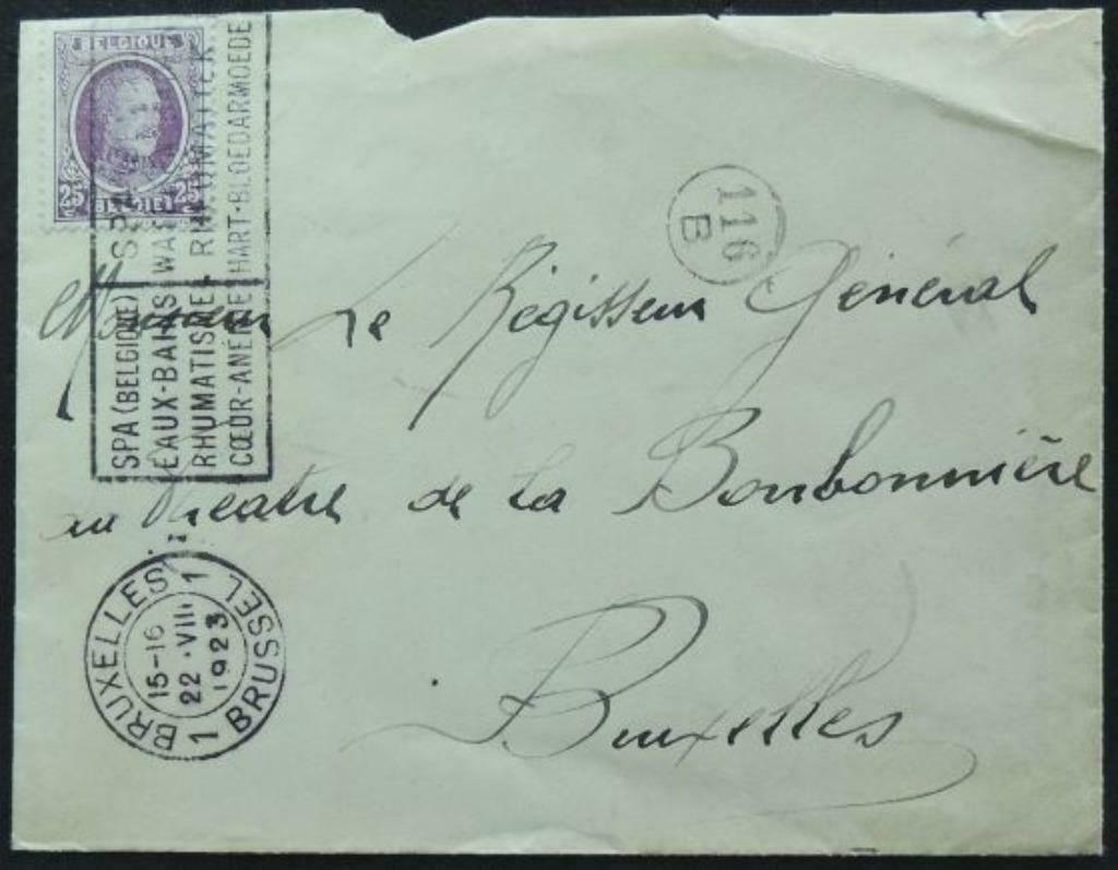 Timbre 197 Albert Ier, flamme Thermes SPA 1923, Oblitéré, Enlèvement ou Envoi, Affranchi, Avec enveloppe