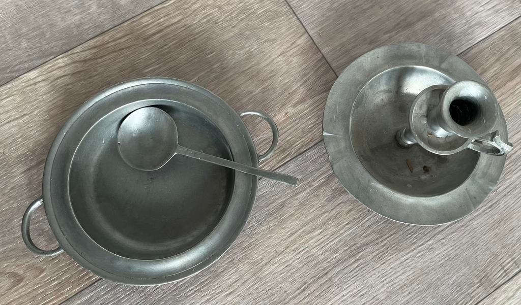 Tinnen kandelaar en schaal, Ophalen of Verzenden
