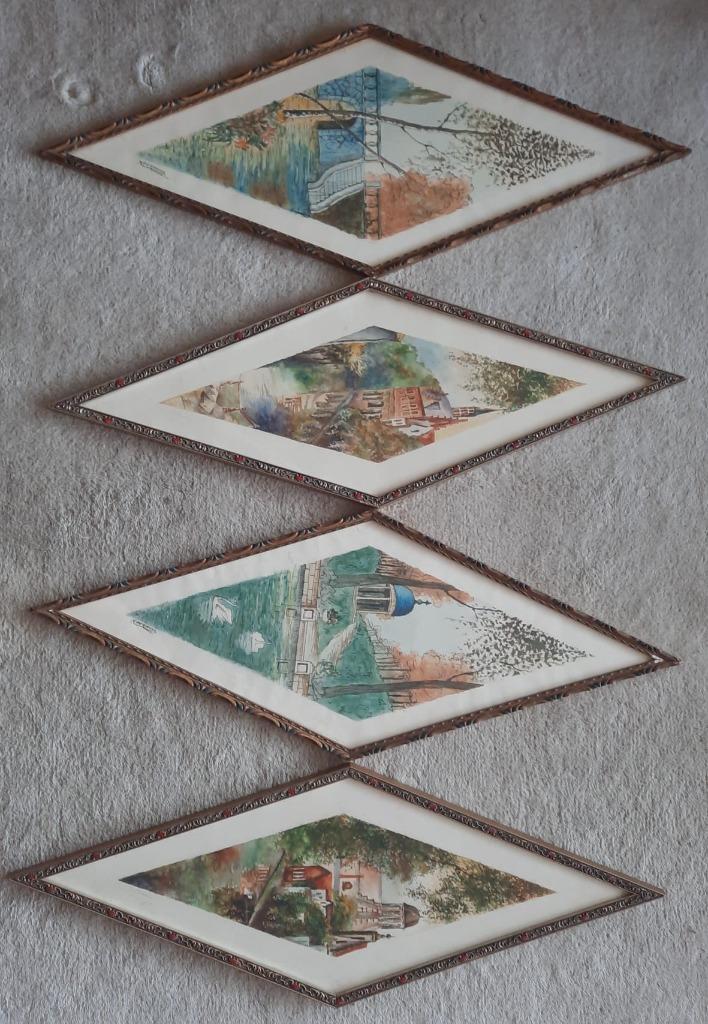 4 zeer mooie ruitvormige kaders met aquarel M. De Roover, Antiek en Kunst, Ophalen of Verzenden