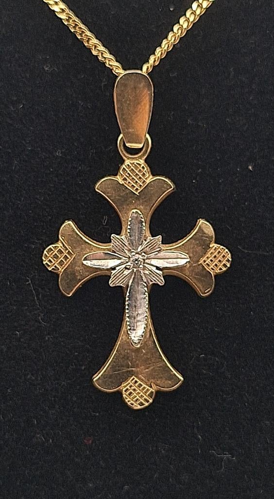 Croix en or jaune et blanc 14 carats avec chaîne, Envoi, Blanc, Or