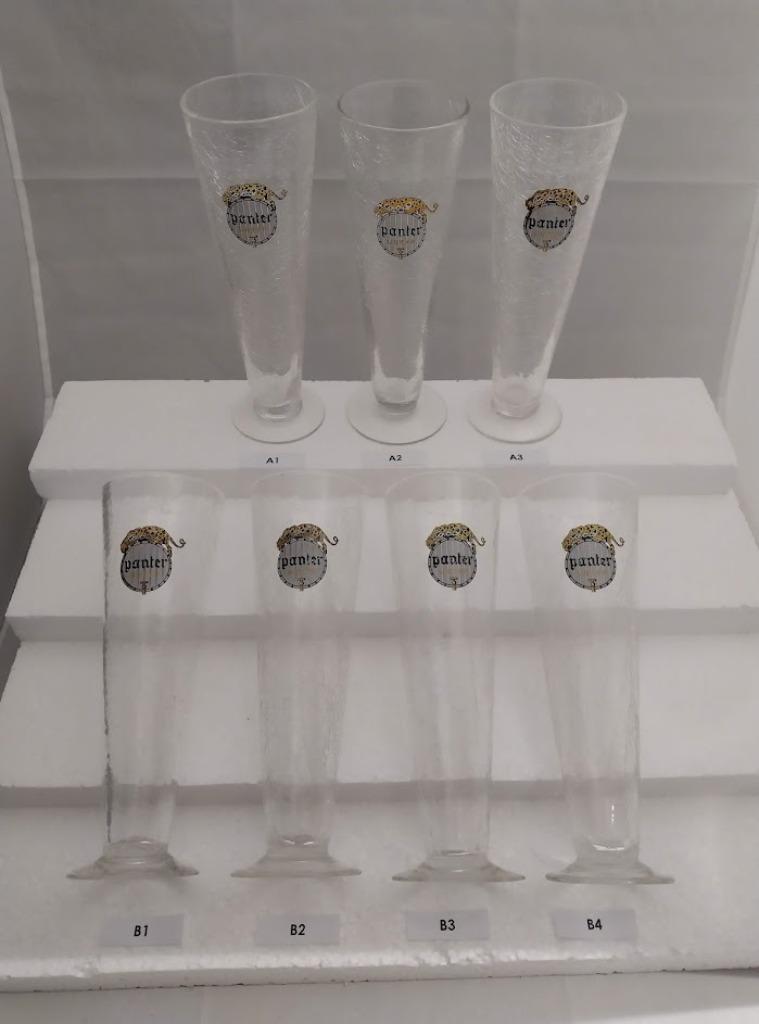 Verzameling 7x vintage Panter / Urtyp bierglazen Baasrode, Verzamelen, Ophalen of Verzenden, Gebruikt, Glas of Glazen, Overige merken