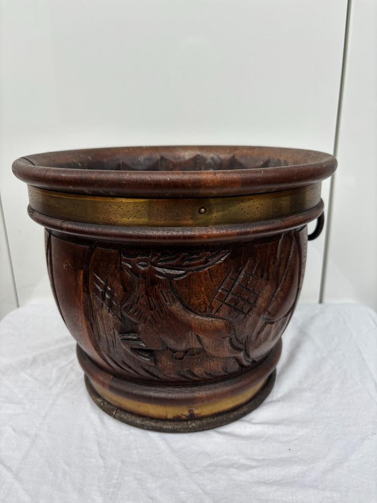 Retro houten eiken cachepot met snijwerk, Antiek en Kunst, Ophalen