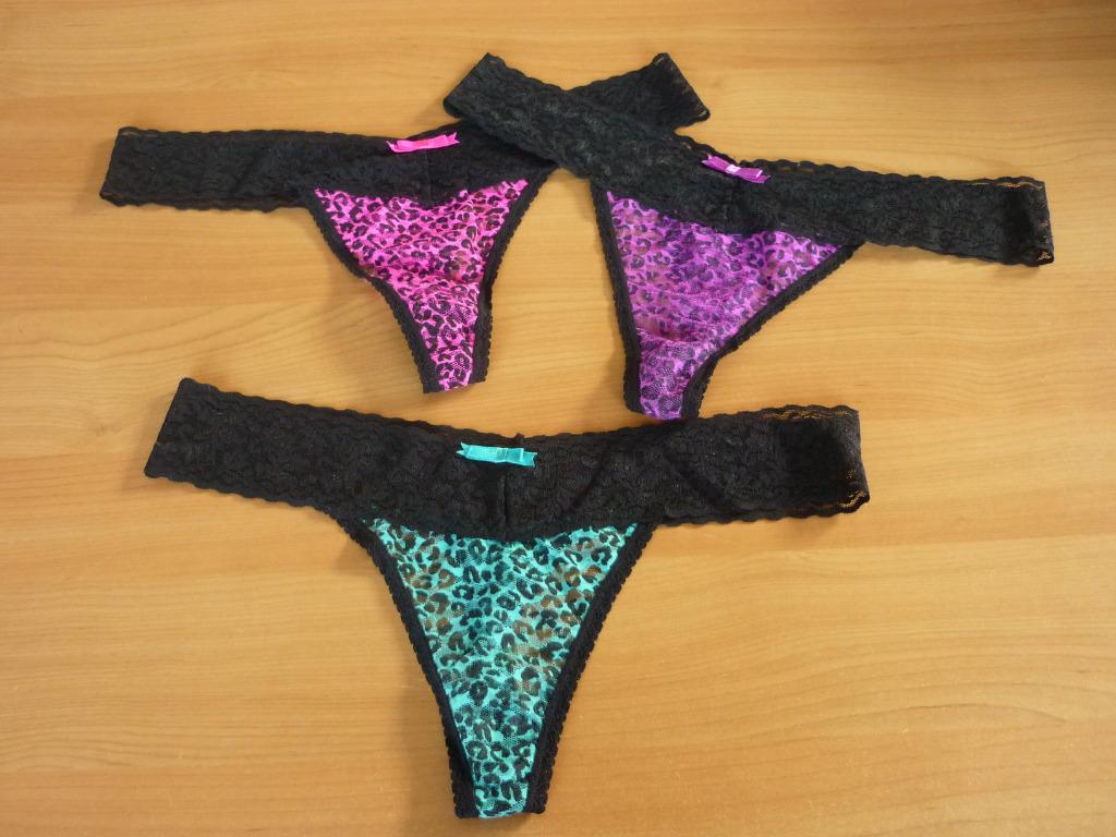 3 zwarte kanten strings met paars turquoise fuchsia Maat L, Ophalen of Verzenden