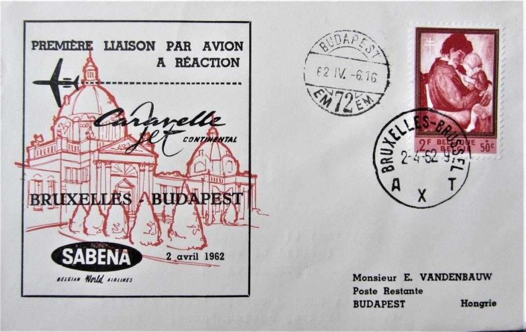 FDC SABENA- BRUSSEL- BUDAPEST 1962, Enlèvement ou Envoi, Affranchi, Avions