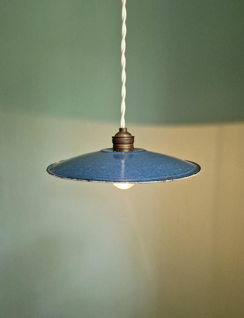 Ancienne suspension industrielle tôle émaillée bleu/gris, Enlèvement ou Envoi