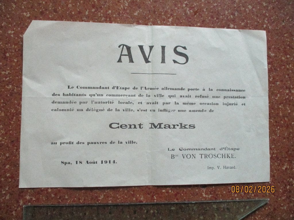 SPA 1914 : Petite affiche du commandant allemand ;, Envoi