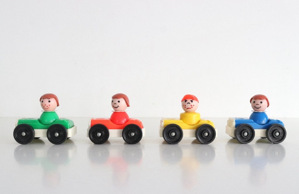 4 vintage Fisher-Price Little People auto's + Figuren, Ophalen of Verzenden, Gebruikt