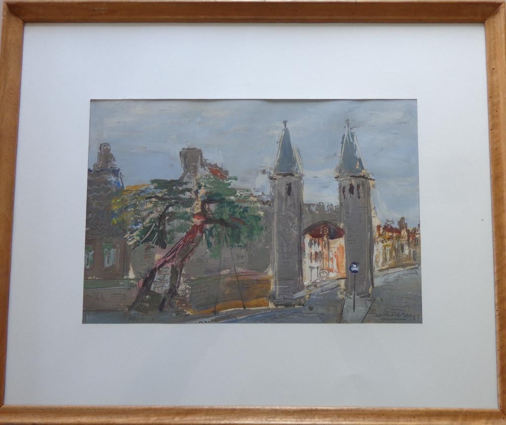 JACK GODDERIS / STADSPOORT / OLIEVERF KARTON / 48x58cm KADER, Antiquités & Art, Art | Peinture | Moderne, Enlèvement ou Envoi