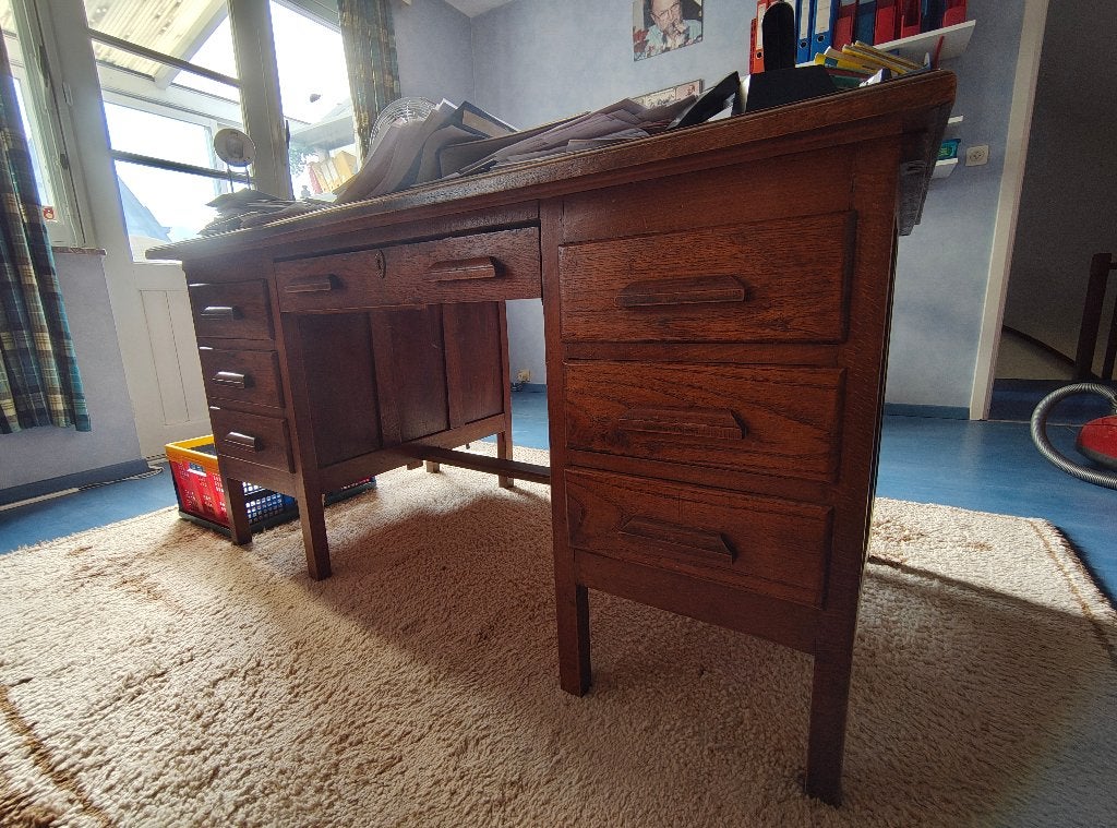 Rustiek vintage massief houten bureau, Ophalen, Gebruikt, Hout, Met lades