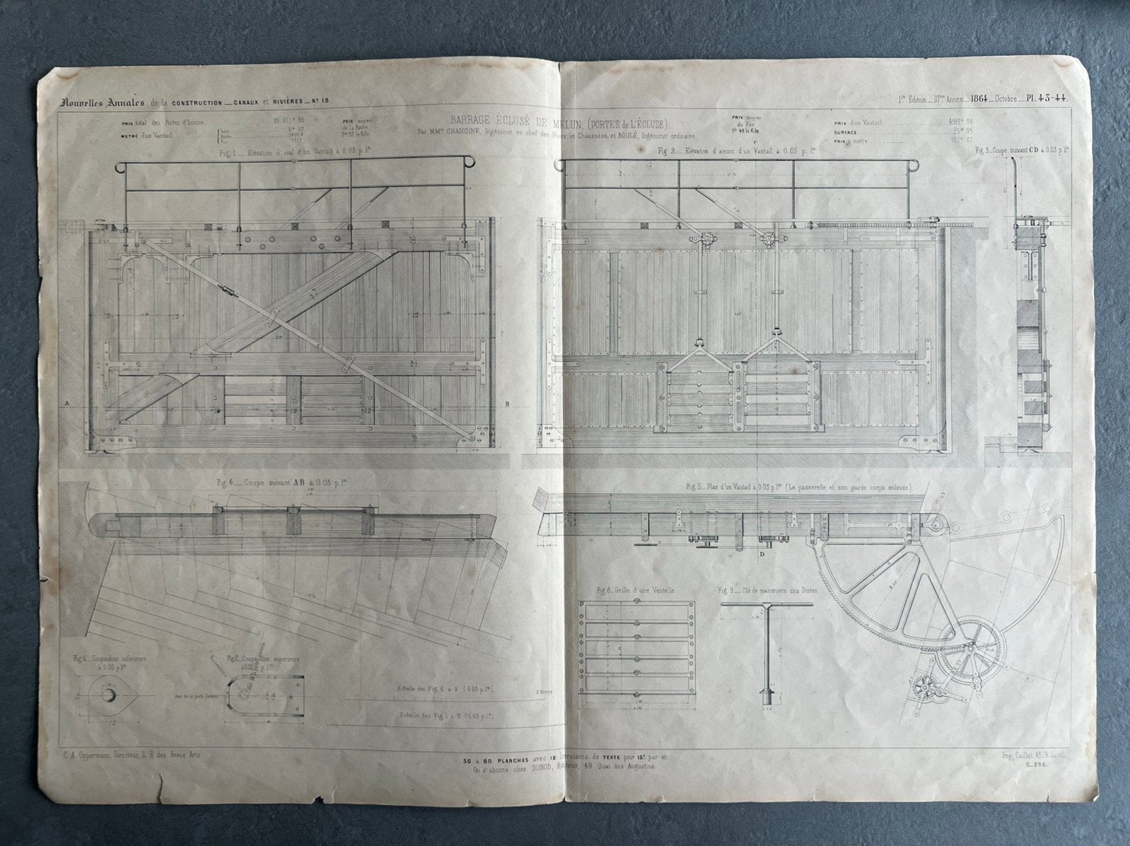 Oude technische gravure 1864 — Portes d'Écluse de Melun, Antiek en Kunst, 1800 - 1899, Architectuur, Ophalen of Verzenden, Gravure