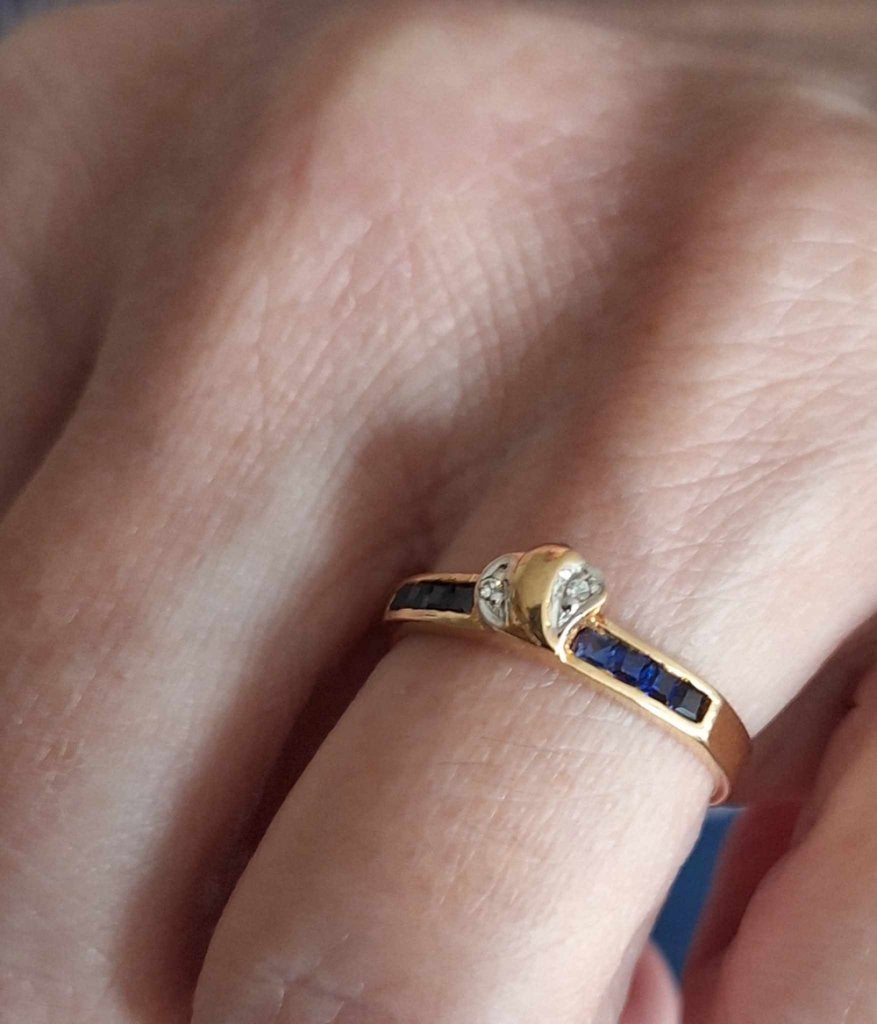 Pracht 18 karaats gouden dames ring, blauwsaffier & diamant., Enlèvement ou Envoi, Or, Or, Utilisé