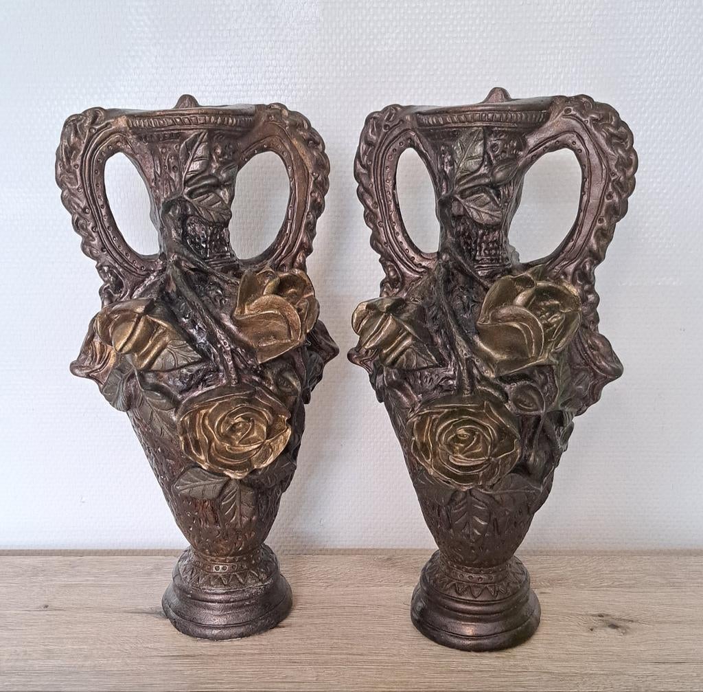 Grands vases garniture cheminée terre cuite Art Nouveau, Enlèvement