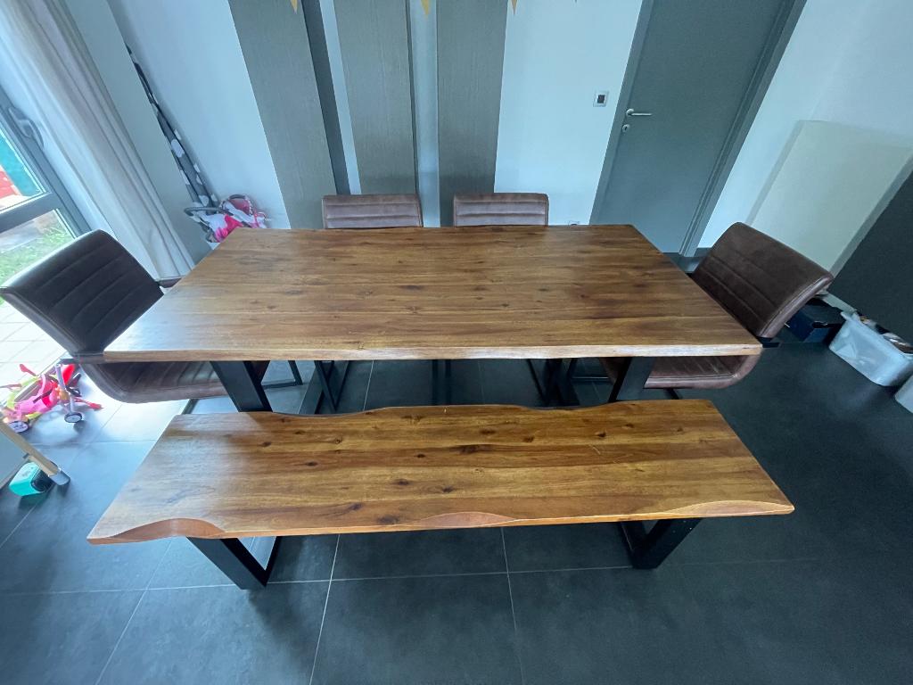 Industriële eetkamerset te koop, Huis en Inrichting, Complete eetkamers, Ophalen, Gebruikt, Industrieel, 4 tot 6 stoelen