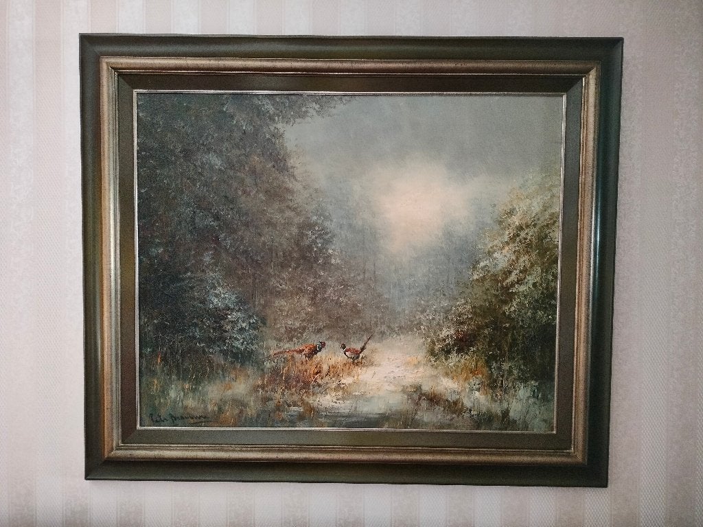 grand tableau de Peter Brouwer - paysage avec faisans, Peinture à l'huile, Paysage, Enlèvement, Encadré