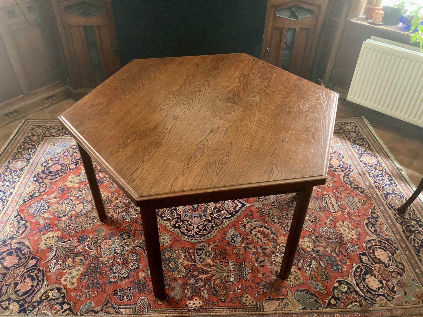 Mooie massief houten zeshoekige tafel, Ophalen, Gebruikt, Vijf personen of meer, Overige vormen