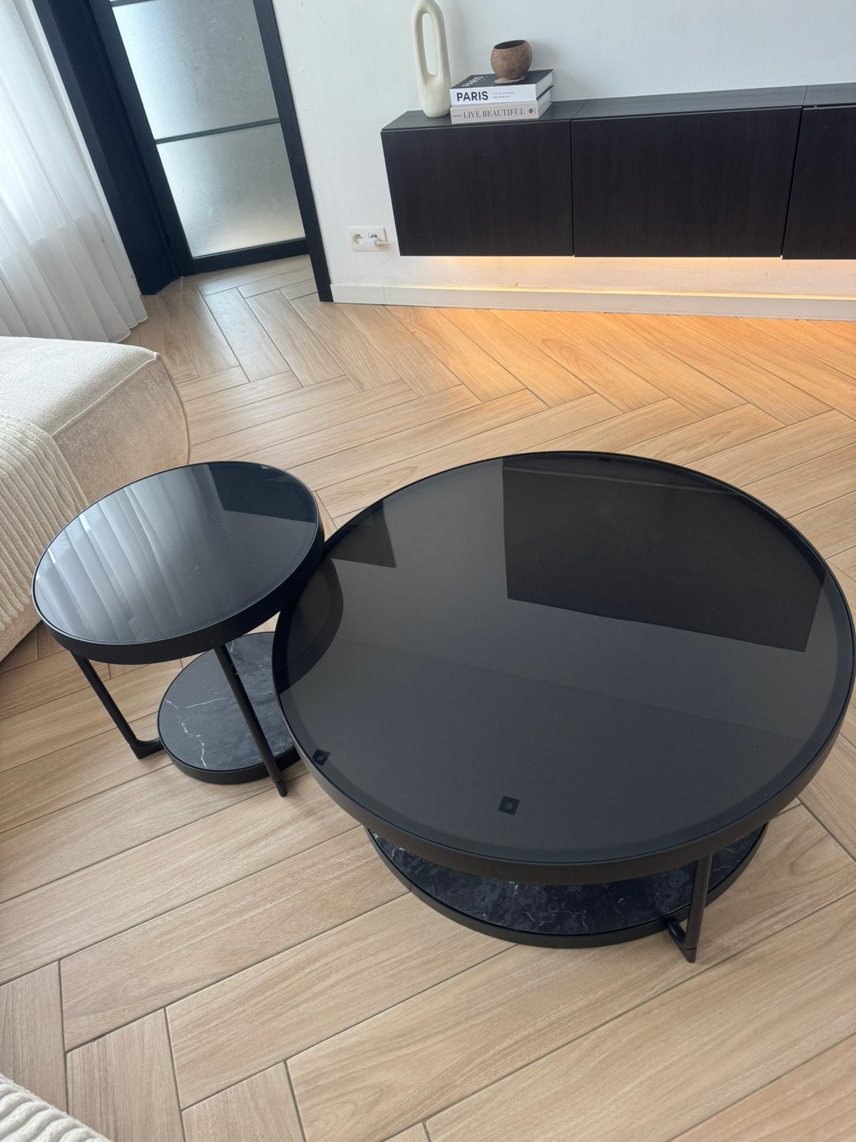 Table basse anthracite mabré/noir verre, Enlèvement, Comme neuf, Verre
