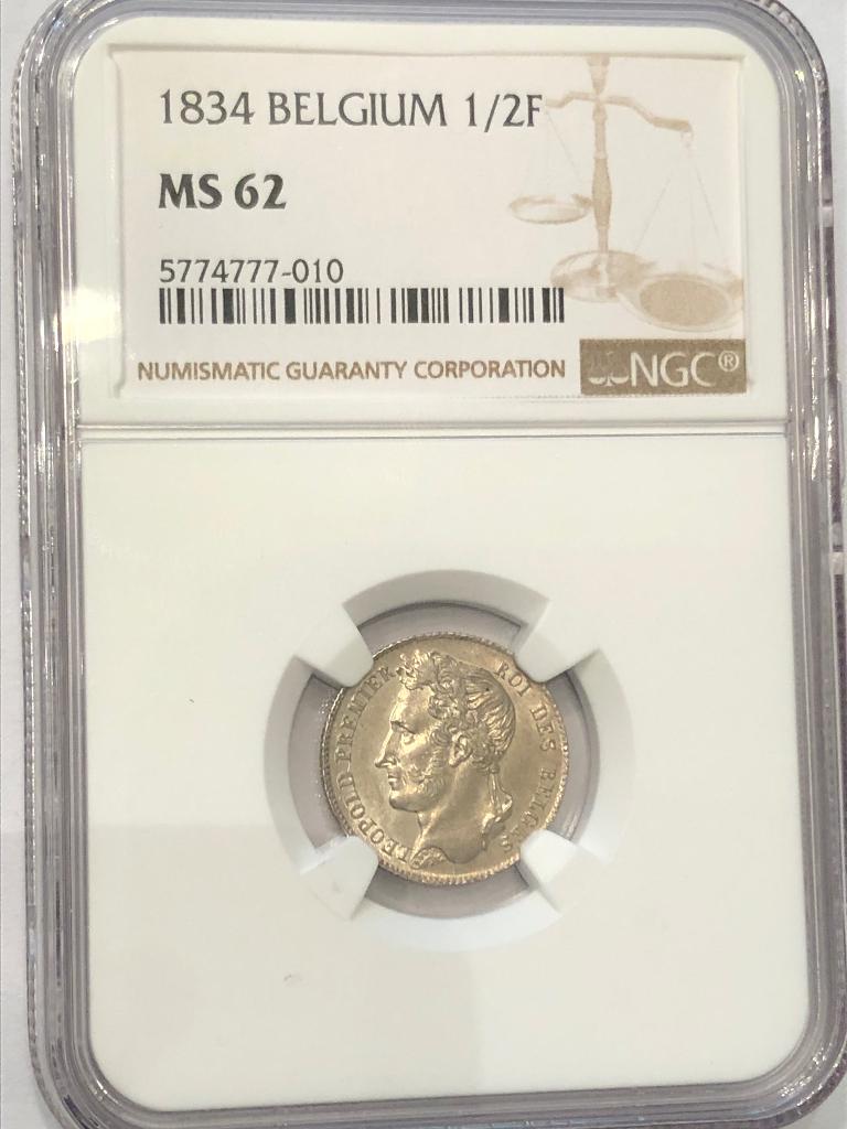 Munt België 1/2 FR Leop I graded NGC  MS 62 zeer zeldzaam !!, Zilver, Ophalen of Verzenden, Losse munt, Zilver