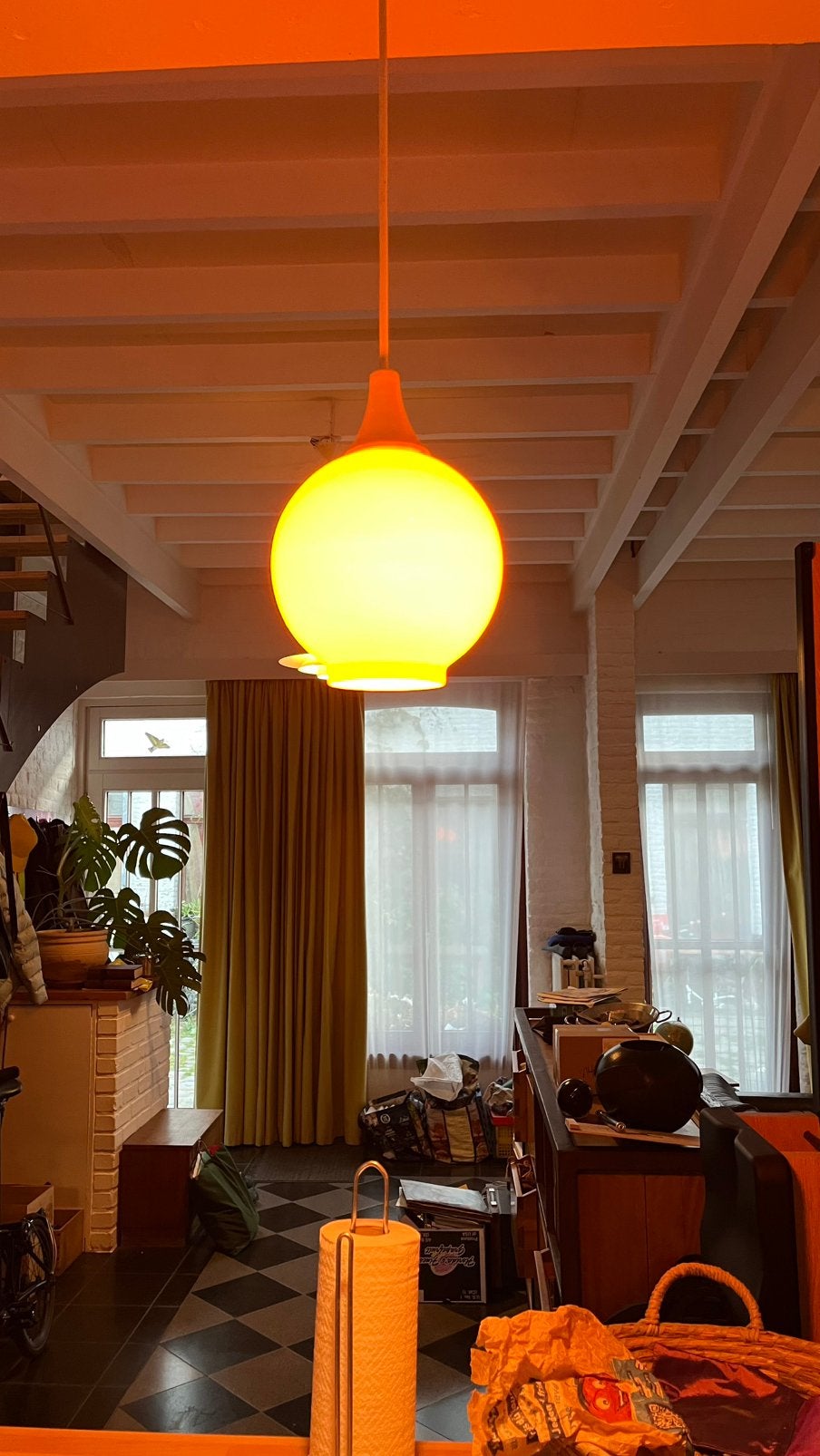 Twee Oranje glazen lampen, vintage, Ophalen, Zo goed als nieuw