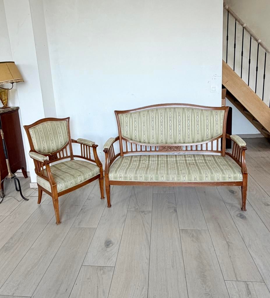 Antieke Art Nouveau Jugendstil bank en fauteuil set, Ophalen