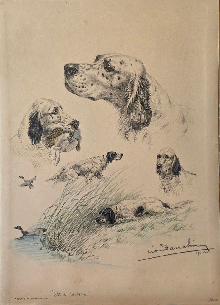 Léon Danchin Étude de setters lithographie signée, Ophalen