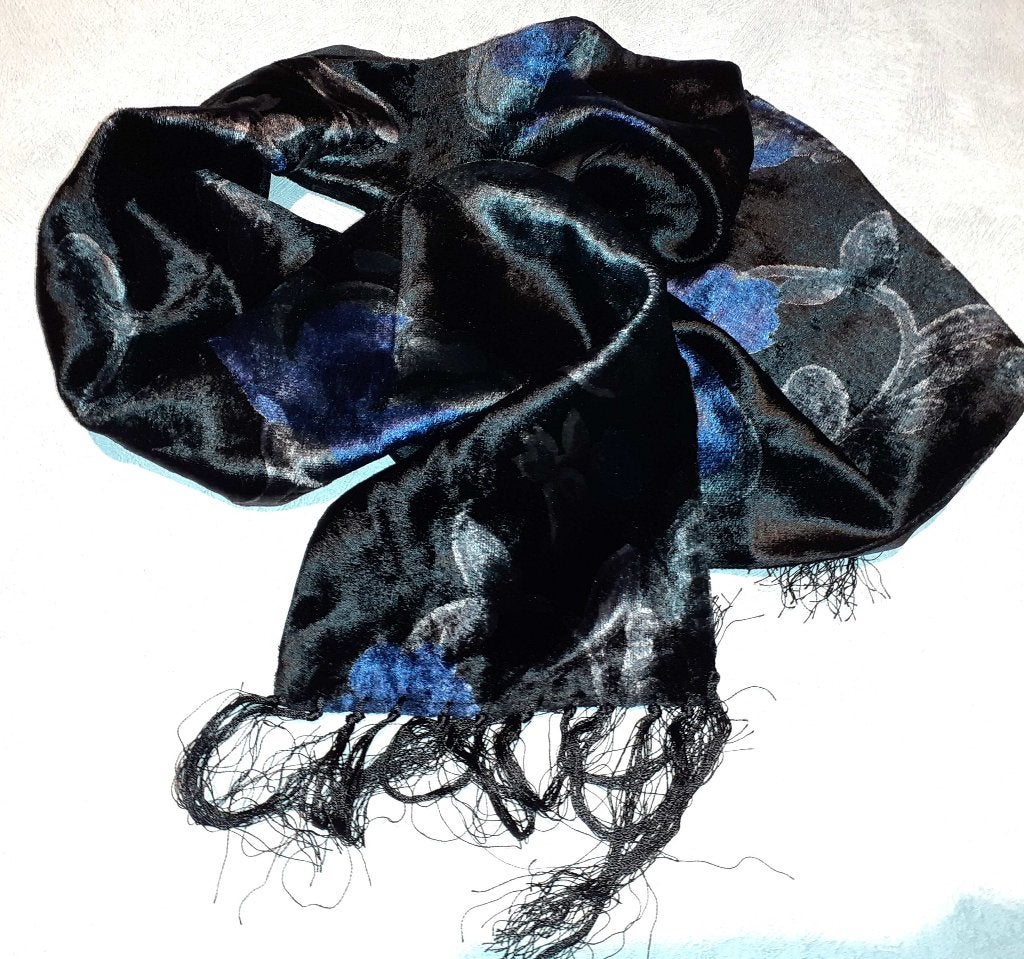 sjaal vintage fluweel zwart met blauw patroon, Kleding | Dames, Ophalen of Verzenden, Nieuw, Maat 36 (S), Sjaal