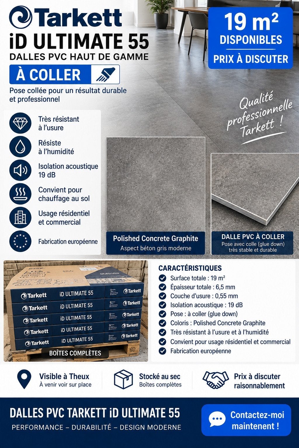 Tarkett iD Click Ultimate 55 – Dalles PVC LVT – 19 m², Enlèvement