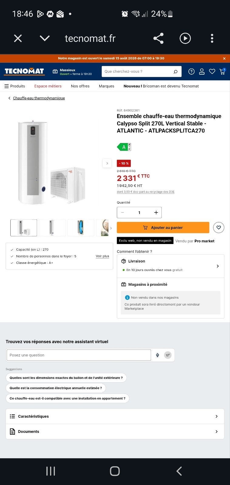 chauffe eau thermodynamique 270l neuf