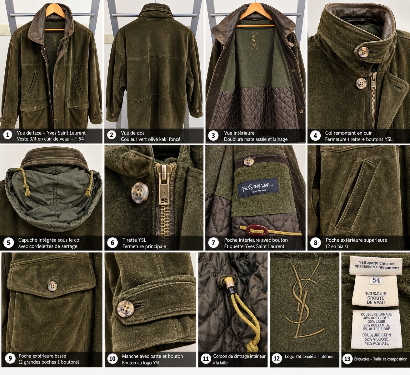 YVES SAINT LAURENT 3/4 vintage jas van velours kalfsleer T54, Kleding | Heren, Ophalen of Verzenden, Zo goed als nieuw, Groen