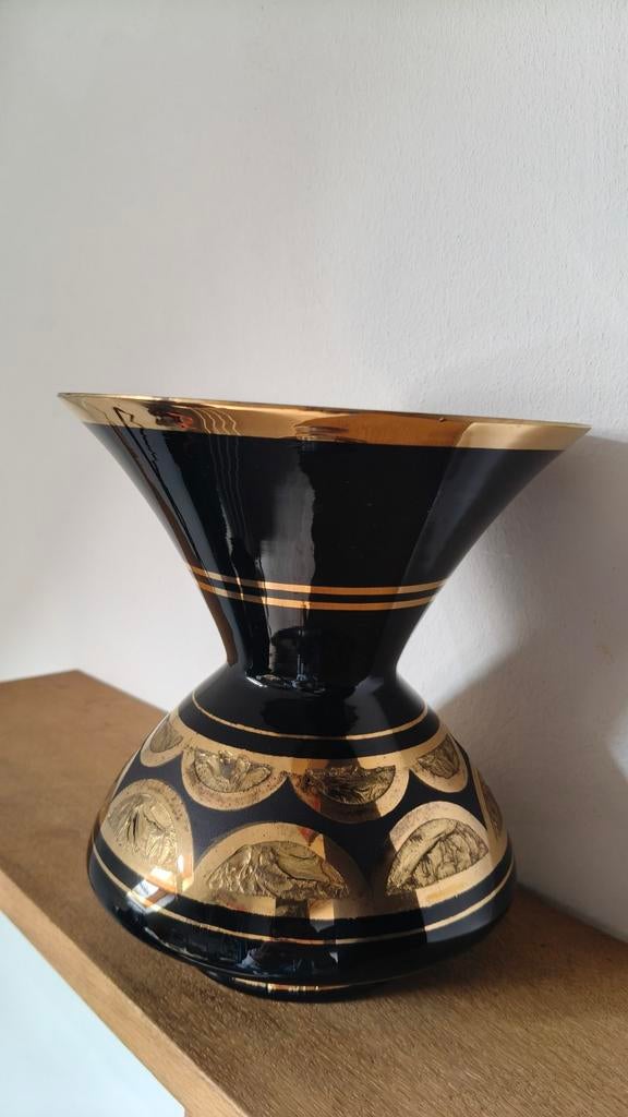 Vase Art Déco en verre noir peint main et doré à l'or Paul H, Enlèvement ou Envoi