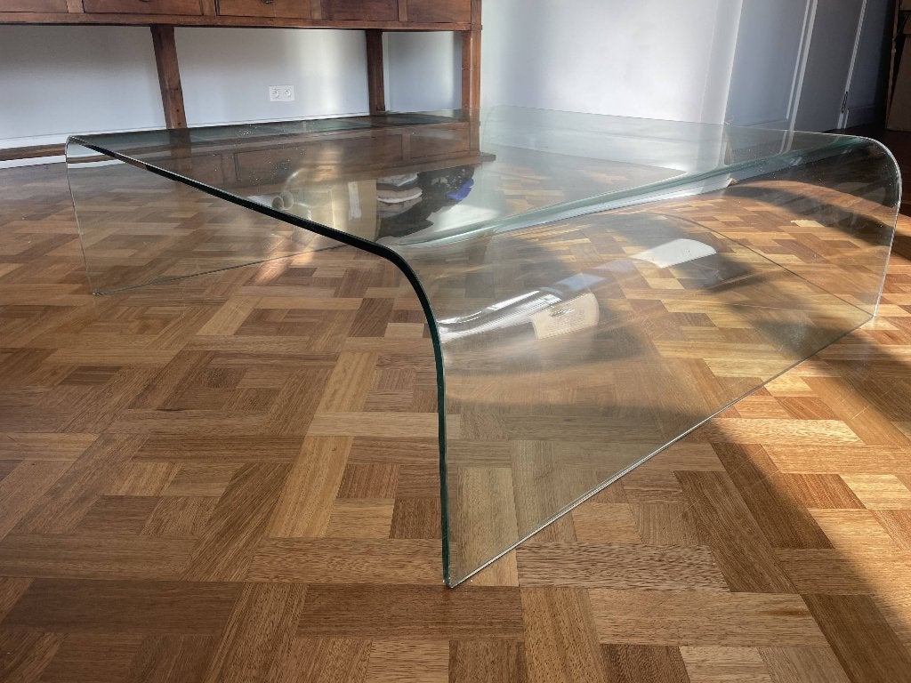 Grote glazen salontafel – FIAM stijl, designmodel vintage 70, Gebruikt, Vierkant, Glas, 5 – 50