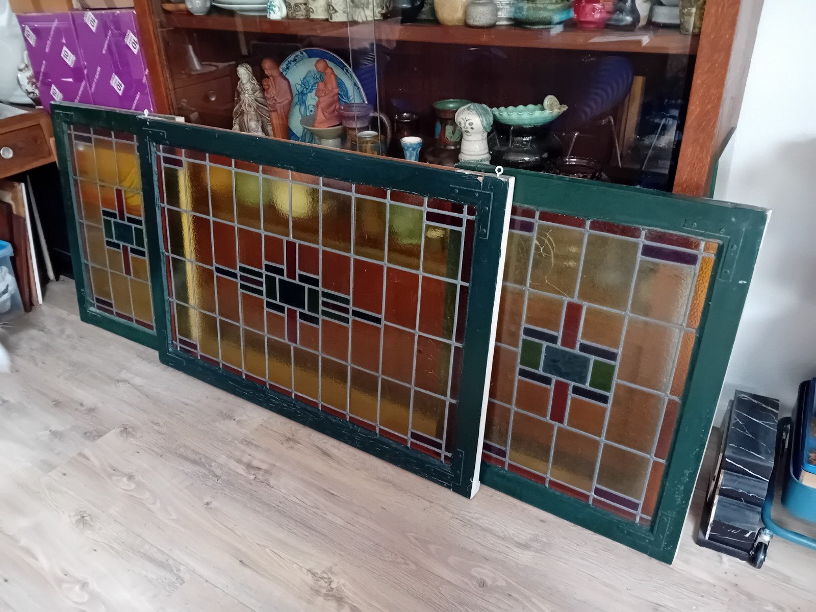 Set mooie antieke Art Deco / jaren 30 glas in lood ramen, Bricolage & Construction, Vitres, Châssis & Fenêtres, Utilisé, Autres types