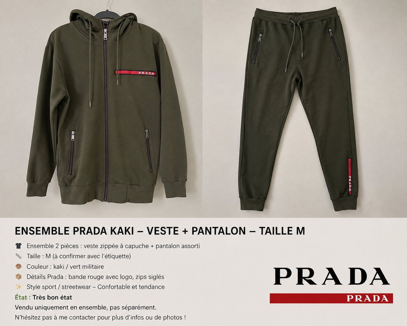 Ensemble type Prada kaki Veste à capuche + pantalon assorti, Enlèvement ou Envoi, Comme neuf, Taille 48/50 (M)