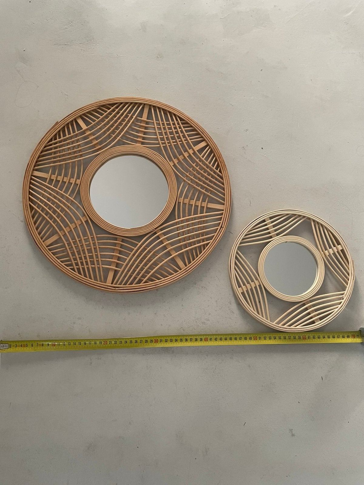 Set de 2 nouveaux miroirs en rotin, style boho style Ibiza, Enlèvement ou Envoi, Neuf, Rond