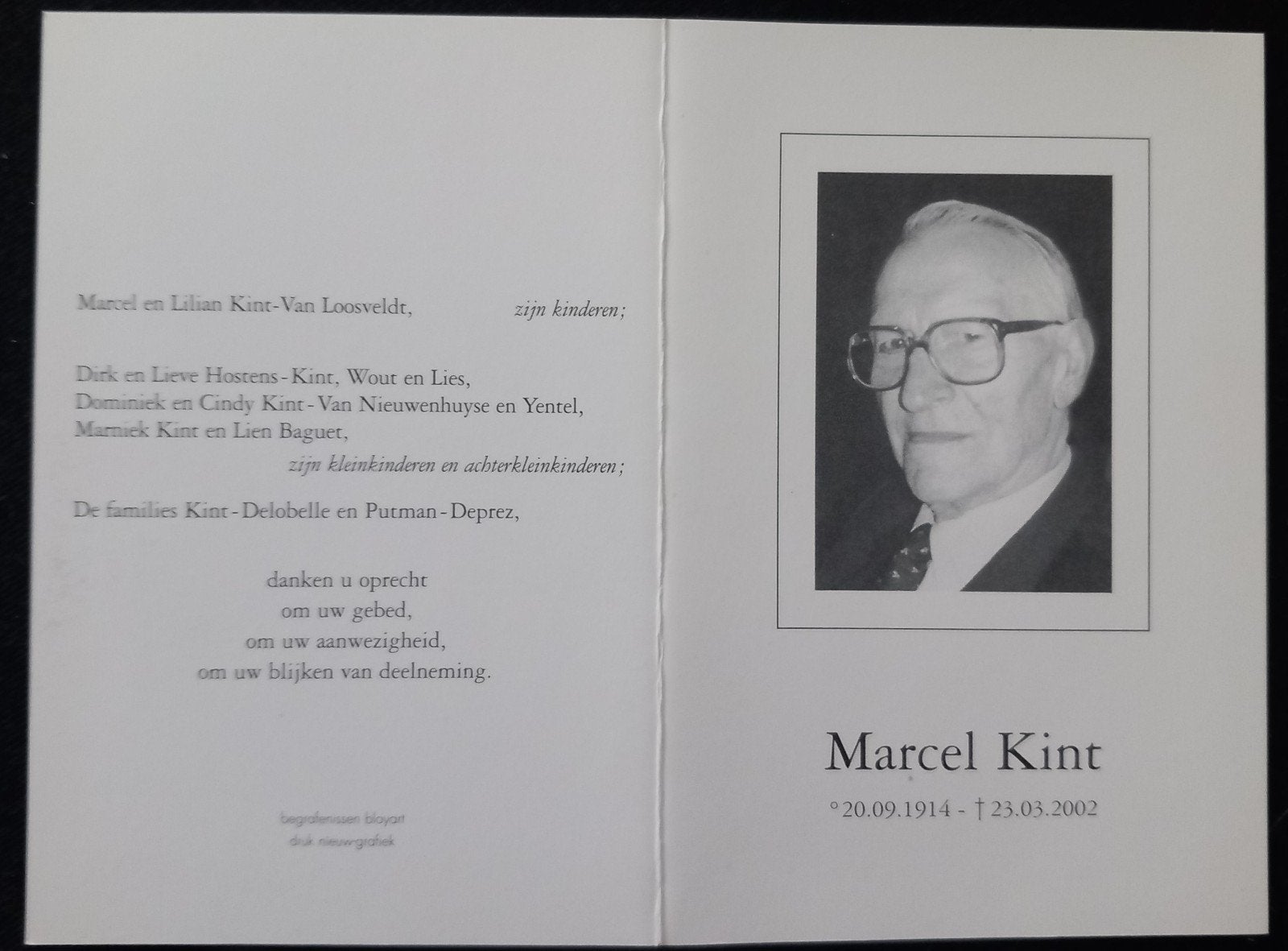 Carte de prière Marcel Kint, Enlèvement ou Envoi