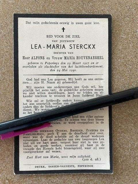 Burgerslachtoffer  24 MEI 1940 Poperinge Juf LEA STERCKX, Ophalen of Verzenden, Bidprentje