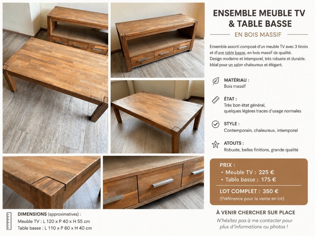 Ensemble meuble TV + table basse en bois massif, Maison & Meubles, Enlèvement, Utilisé
