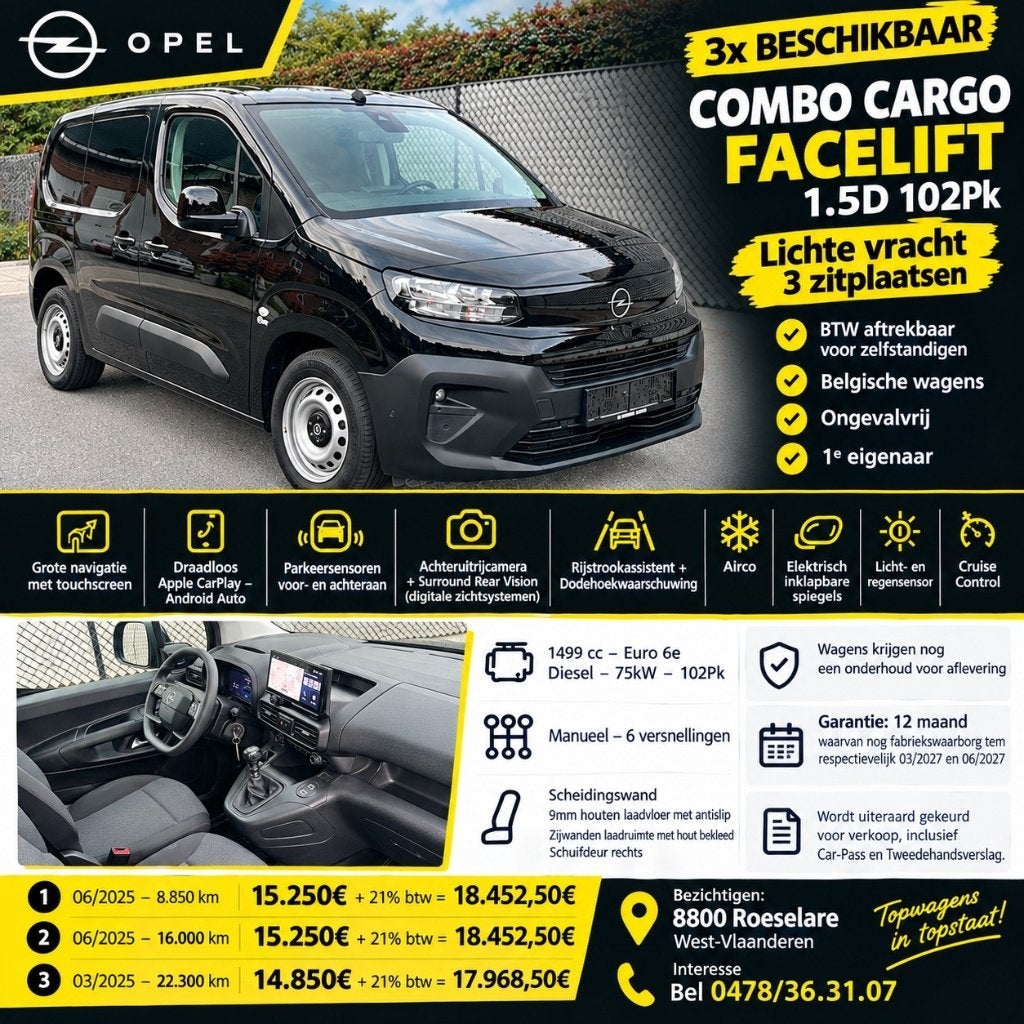 3x Prachtige Opel Combo Cargo 1.5TD 102Pk -2025-, 75 kW, Achat, Euro 6, 3 places
