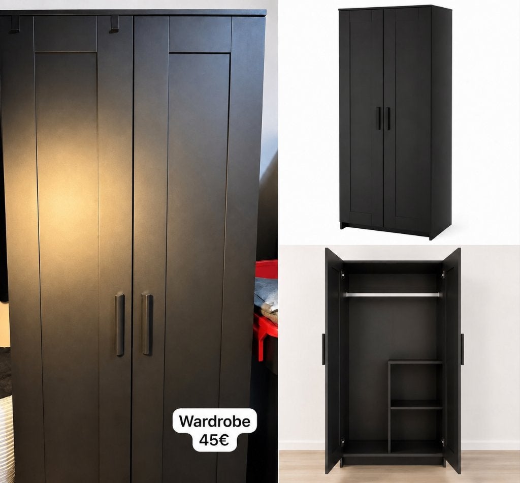 Black Wardrobe with Hanging Rail and Shelves – €45, Comme neuf, Synthétique, 50 à 100 cm, 50 à 75 cm