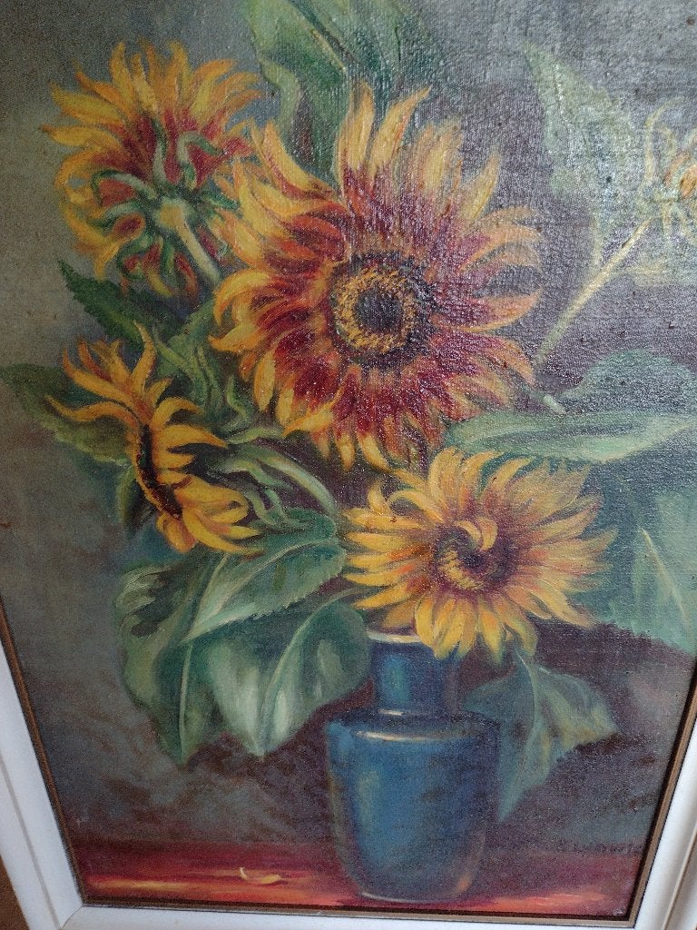 Fleurs solaires dans un vase peint sur lin, Enlèvement ou Envoi, Signé, Fleurs, Toile