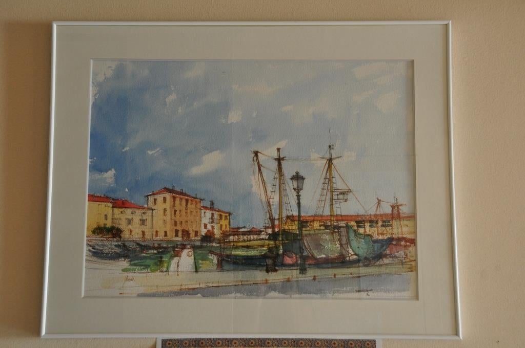 Aquarelle "Port de Grado (Italie)" de R. Baeyens - 69x88cm, Enlèvement