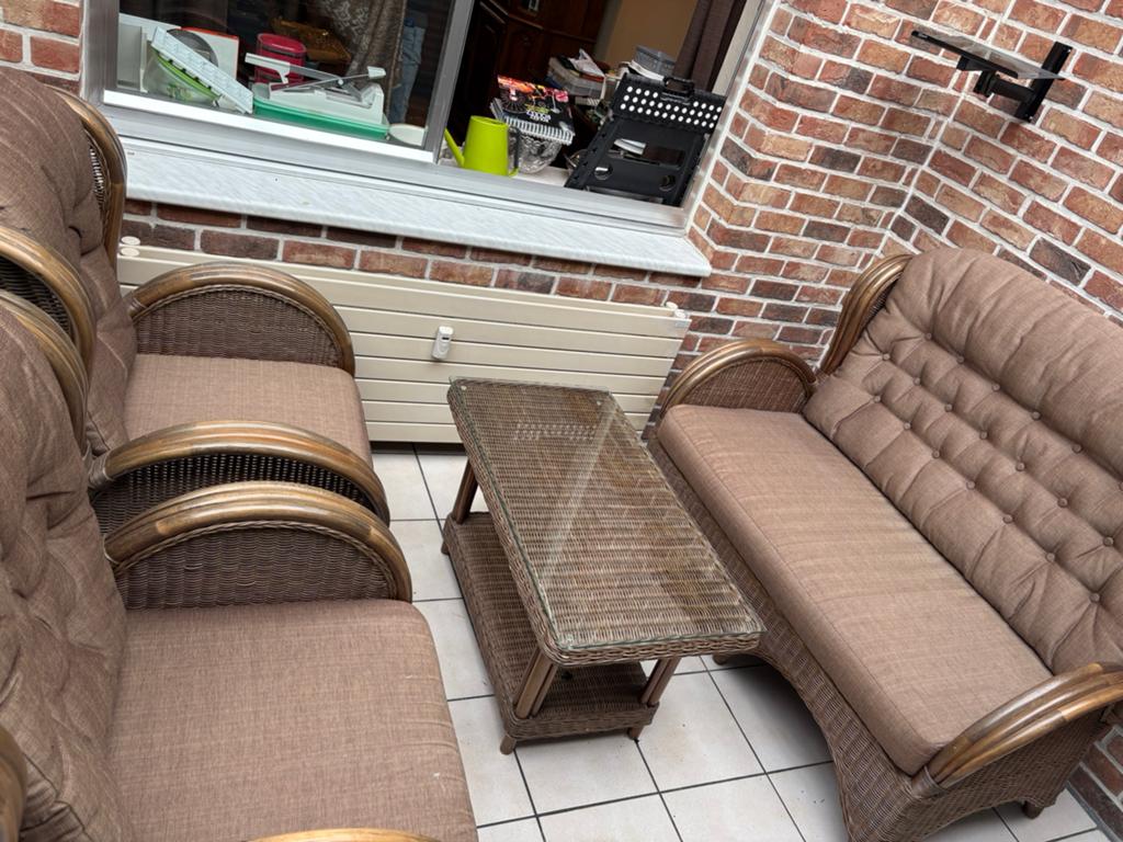 Volledige set rieten serre meubels, Ophalen, 4 zitplaatsen, Loungeset, Hout